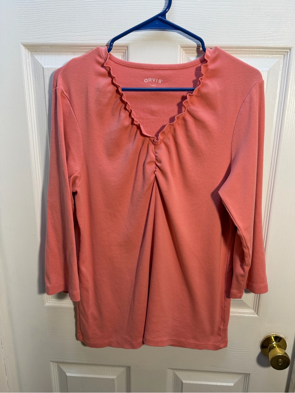 Orvis Coral Ruffle-Trim V-Neck Long Sleeve Top
